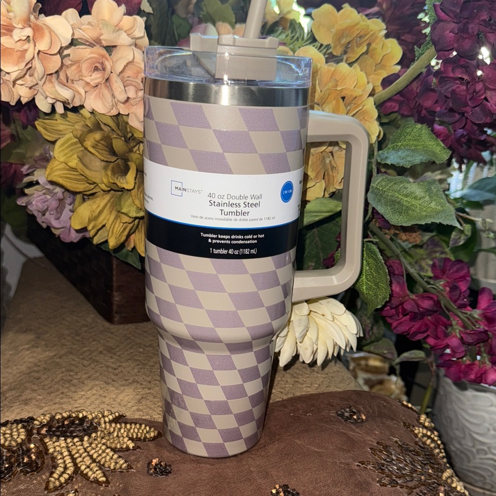 40 oz Stainless Steel Tumbler with Purple Checkered Design